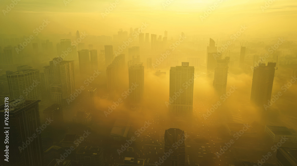Smog city at daytime, dust. Buildings with bad weather and air pollution