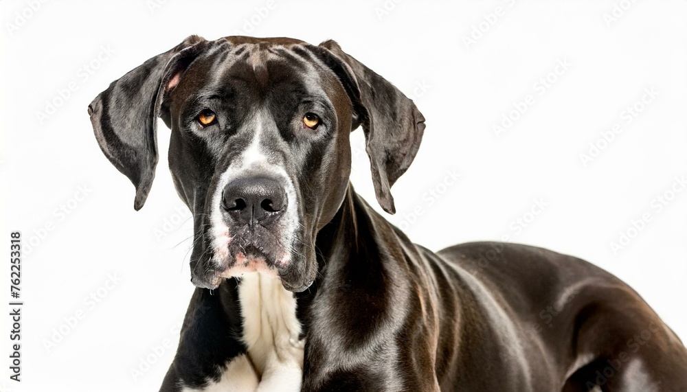 Great Dane dog - Canis Lupus familiaris - large breed from Germany dark charcoal grey with white chest, long floppy ears isolated on white background looking at camera close up of face and head