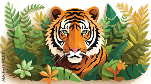 Design cartoon tiger in the jungle on paper cut art