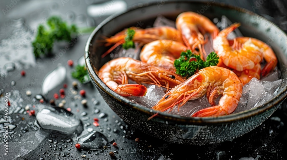 Fresh prawns on ice in a dark bowl with herbs. Fresh prawns on ice in a dark bowl with herbs.
