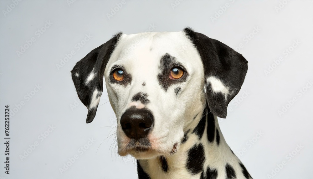 Dalmatian dog - Canis lupus familiaris - medium large breed of domestic animal common in america associated with fire truck and firehouses.  isolated on white background looking at camera