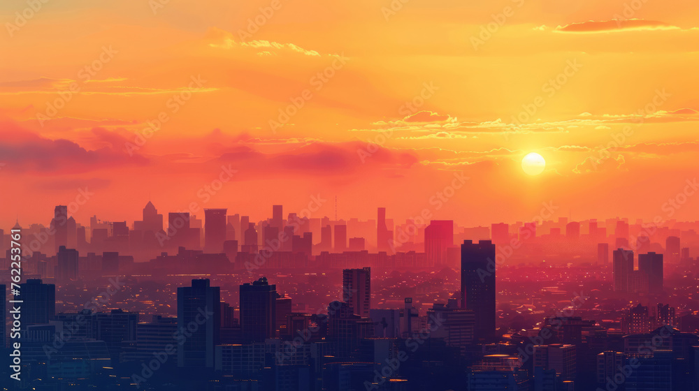 Flat image of sunset over a city landscape
