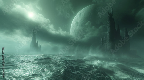 A surreal landscape with towering spires rising above an ocean under a hazy sky, with an enormous planet looming in the background.