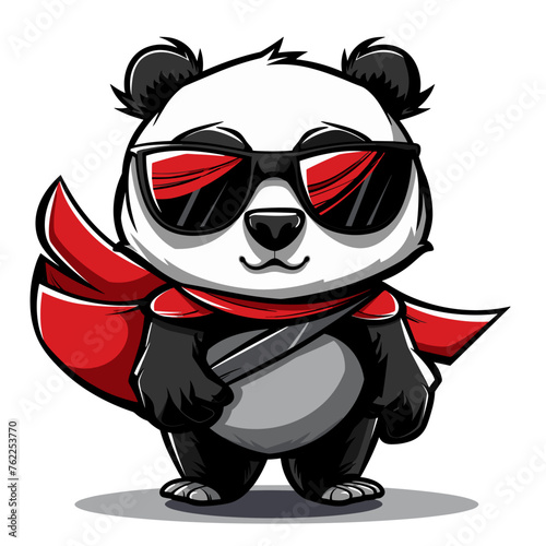 Superhero Panda Cartoon Mascot Character with Red Cloak and Sunglasses