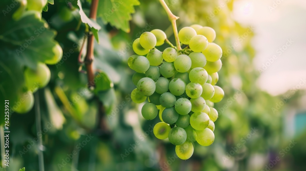 Cluster of green grapes hanging on the vine in sunlight. Cluster of green grapes hanging on the vine in sunlight.