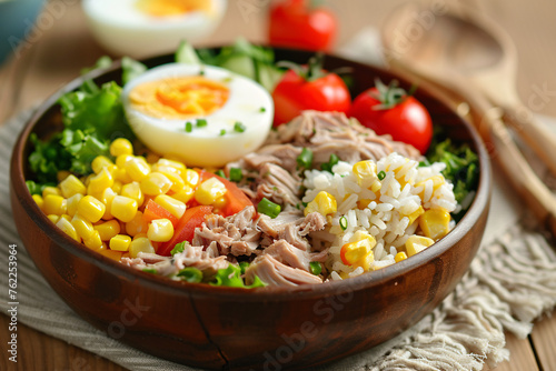 Colorful bowl with rice, tuna, egg, corn, and greens. photo