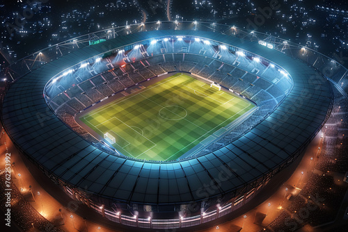 Nighttime aerial view of a lit soccer stadium. photo