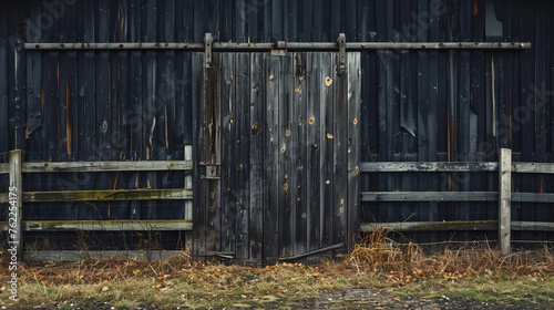 Closed wooden door and old fence in a black barn