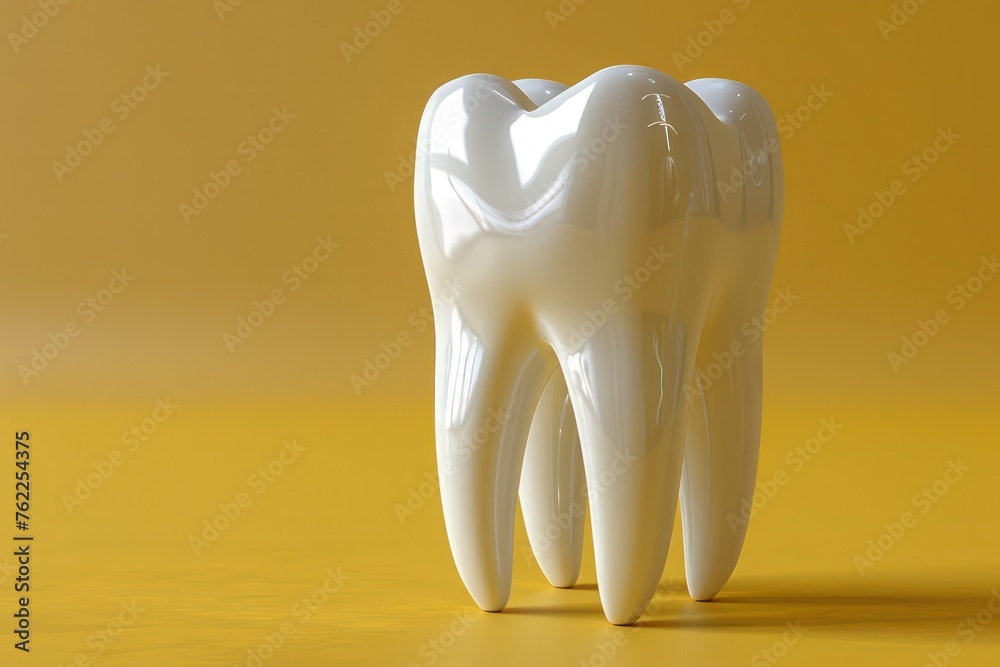 White tooth on yellow background, stomatology and dentistry. Generative AI White tooth on yellow background, stomatology and dentistry. Generative AI