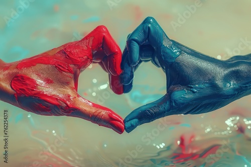 Two hands making a heart, blue and red paint, symbol of love, tolerance and equality. Generative AI photo