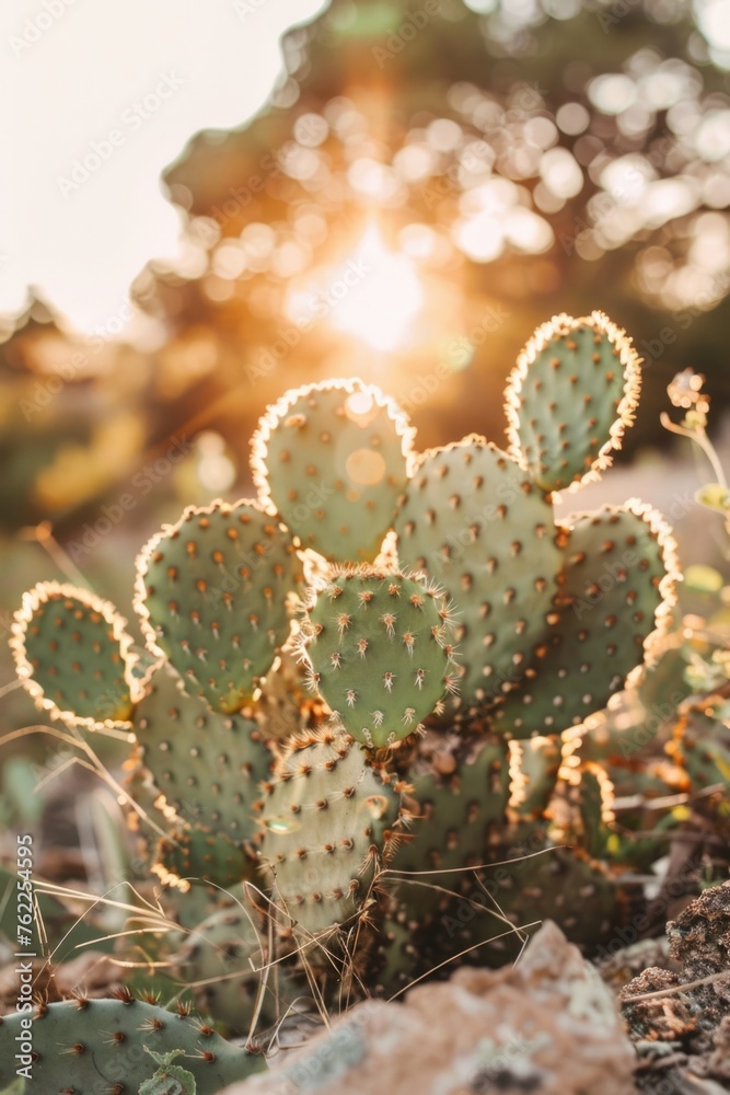 Prickly pear cactus at sunset in a desert landscape.