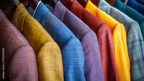 A row of colorful jackets hanging on a rack. The jackets are of different colors and styles, and they are all neatly hung up. Concept of organization and attention to detail photo