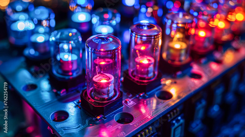 A row of glowing tubes are lit up in a variety of colors. The tubes are arranged in a pattern  with some of them being grouped together and others spaced out. The overall effect is a colorful