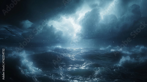 Dramatic ocean scene under dark stormy sky with lightning bolts illuminating the turbulent sea waves.