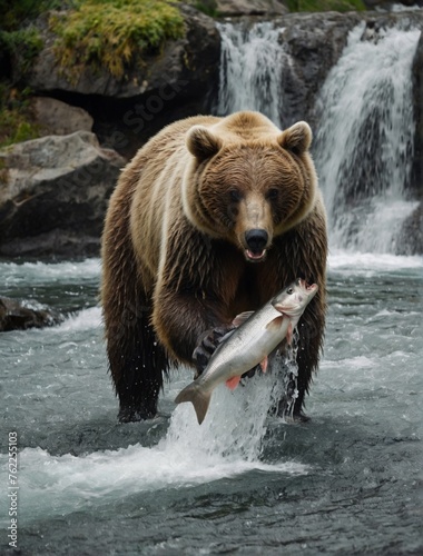 brown bear in the lake hunting a fish