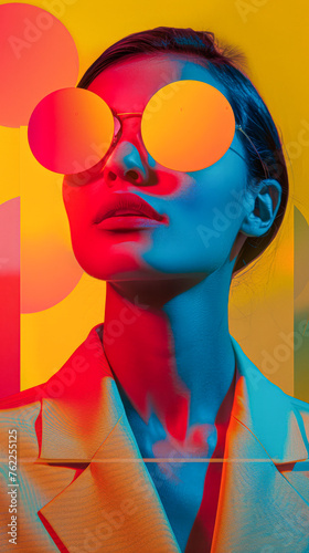 A woman with sunglasses on her face is the main subject of the image. The sunglasses are orange and the woman's face is the only thing visible. The image has a bold and vibrant feel to it