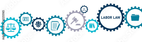 Labor law banner website icons vector illustration concept with an icons of labor law lawyer legal business consulting construction law legal advice documents financial liabilities on white background