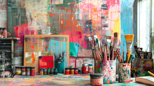 A messy art studio with a colorful wall and a variety of paintbrushes and paint. Scene is creative and chaotic, with the artist's supplies scattered around the room
