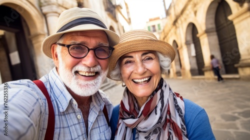 A happy elderly couple takes a selfie on a smartphone outdoors in a resort town. Tourists, travelers, Pensioners on vacation. A horizontal banner.