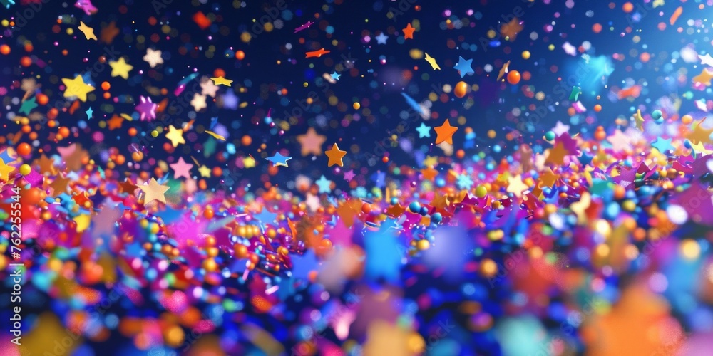 A dynamic and colorful burst of confetti and star shapes, conveying celebration and joy.