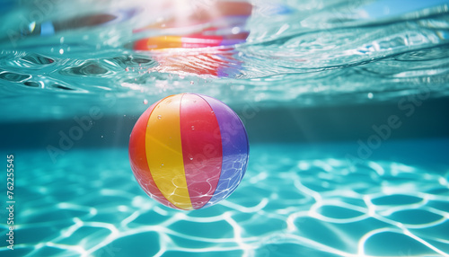 A vibrant beach ball bobs gently on the surface of clear blue pool water, capturing the essence of summer fun. 