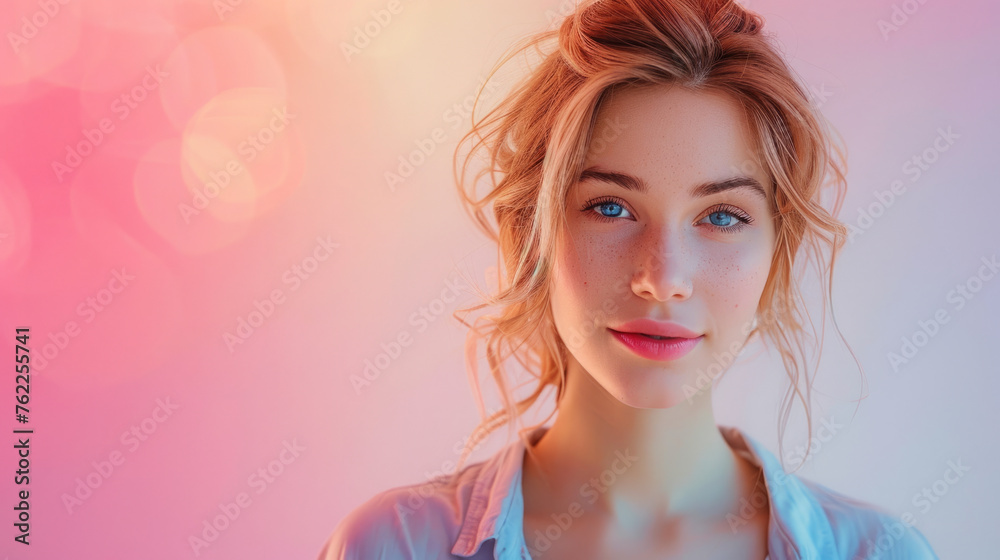 Portrait of a young woman with blue eyes and blonde hair against a pink and white backdrop, displaying a subtle smile with natural makeup.