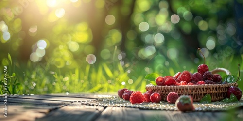 Summer berries with strawberries and cherries in a basket on a wooden surface under natural sunlight.