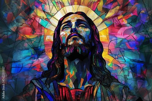 Horizontal Stained Glass JESUS Sublimation for wallpaper print.