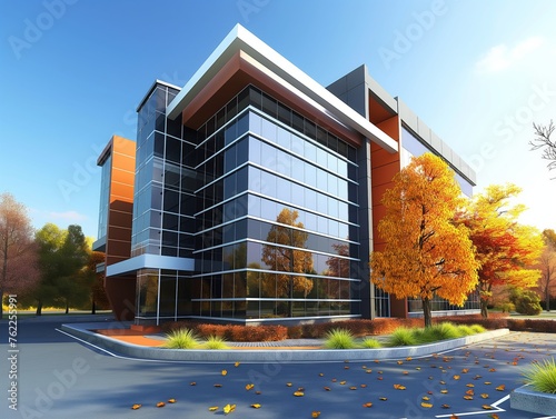 An architectural visualization of a contemporary office structure framed by autumn foliage.