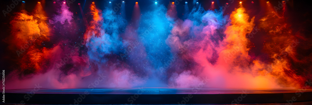 Theatre stage light background with spotlight,
Large smokey concert stage background with wooden floor curtains and spotlights mockup