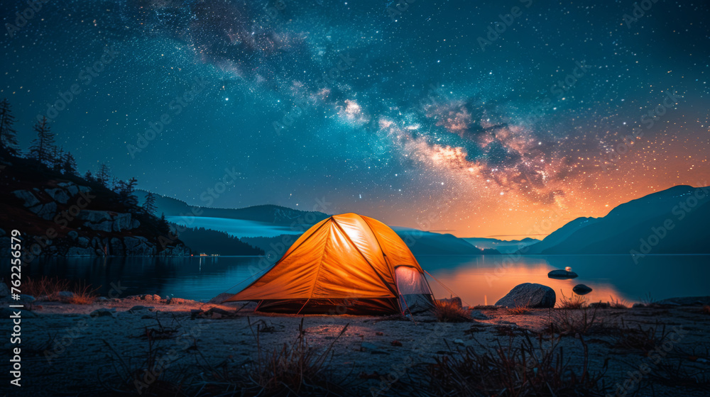 Modern Tent camping mountain under starry sky with milky way View of the serene landscape
