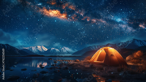 Modern Tent camping mountain under starry sky with milky way View of the serene landscape © ND STOCK