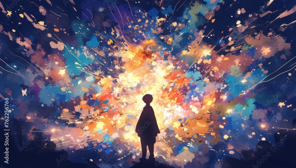 A watercolor painting of the silhouette of young man, standing in front of an explosion of colorful lights and stars, representing his creative journey through life's challenges.