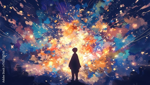 A watercolor painting of the silhouette of young man, standing in front of an explosion of colorful lights and stars, representing his creative journey through life's challenges.