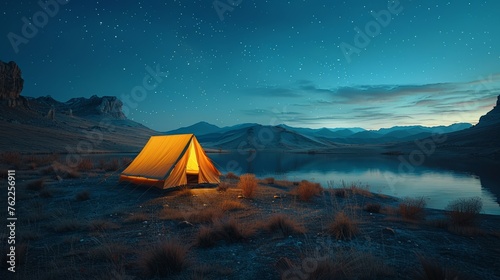 Modern Tent camping mountain under starry sky with milky way View of the serene landscape