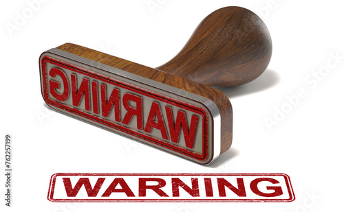 Rubber stamp with the word warning printed over white background