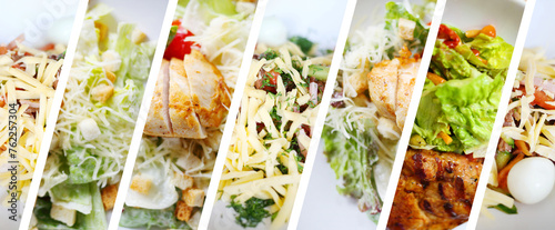 Collage with salad with vegetables, ham, cheese, quail eggs, grilled meat and herbs close up