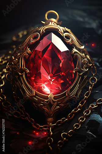 A radiant red gem encased in an intricate gold pendant, exuding mystery and elegance photo