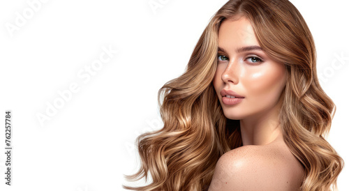 A beautiful woman with shiny wavy hair and perfect hairstyle and makeup against a white background. Her hair color is a brownish red and her skin tone is tanned