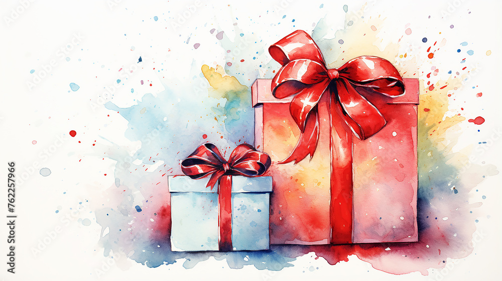 new Year's gift in a box with a ribbon on a white background, greeting postcard merry Christmas watercolor image new Year's gift in a box with a ribbon on a white background, greeting postcard merry Christmas watercolor image