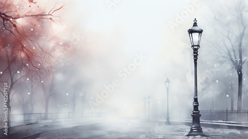 autumn watercolor light gray background, street lamp on a blurry background copy  space blank greeting form