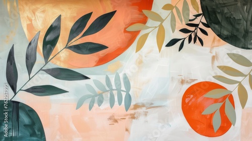 Abstract painting in gouache style with leaf shapes and geometric shapes in natural colours created with Generative AI Technology