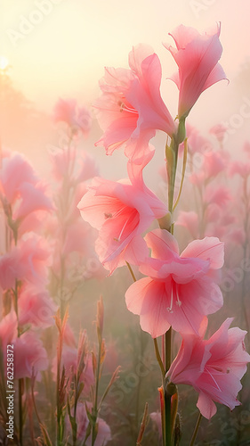 vertical background delicate pink gladiolus flowers in the morning soft pastel mist, landscape view wild field of flowers