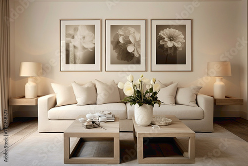 In the heart of the beige-themed living room, two sofas encircle a weathered wooden table. A blank frame on the wall invites customized text. © HASHMAT