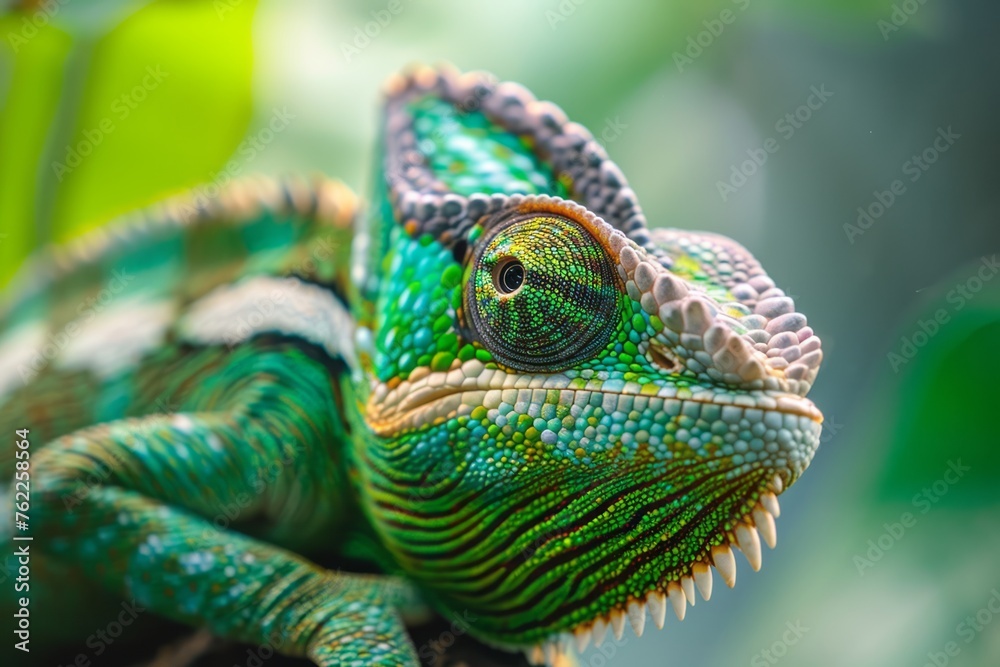 Green colored chameleon close up. Generative AI. Green colored chameleon close up. Generative AI.