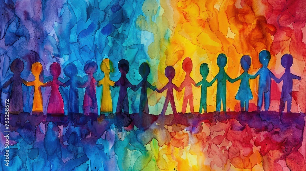 Watercolor painting of linked figures against a colorful backdrop.