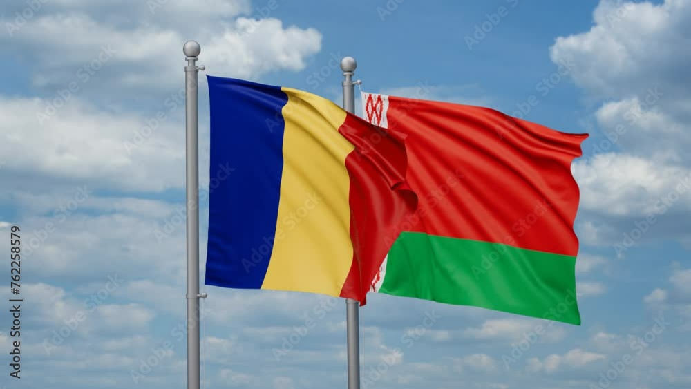 Belarus and Romania two flags waving together, looped video, two country cooperation concept Belarus and Romania two flags waving together, looped video, two country cooperation concept