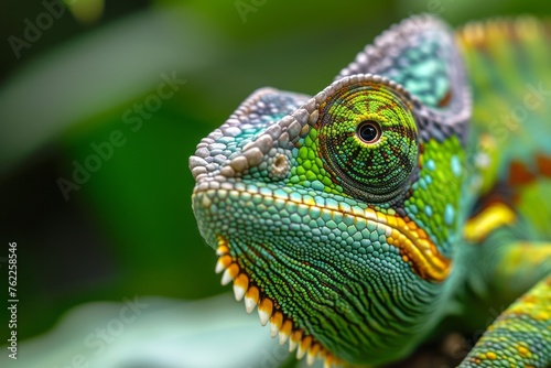Green colored chameleon close up. Generative AI. © Zero Zero One