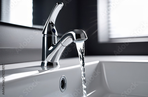 Mixer tap with flowing water in the bathroom.