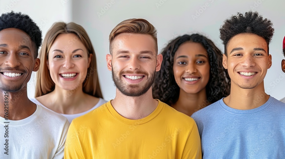 Smiling group of diverse young adults in a bright, friendly setting. Smiling group of diverse young adults in a bright, friendly setting.